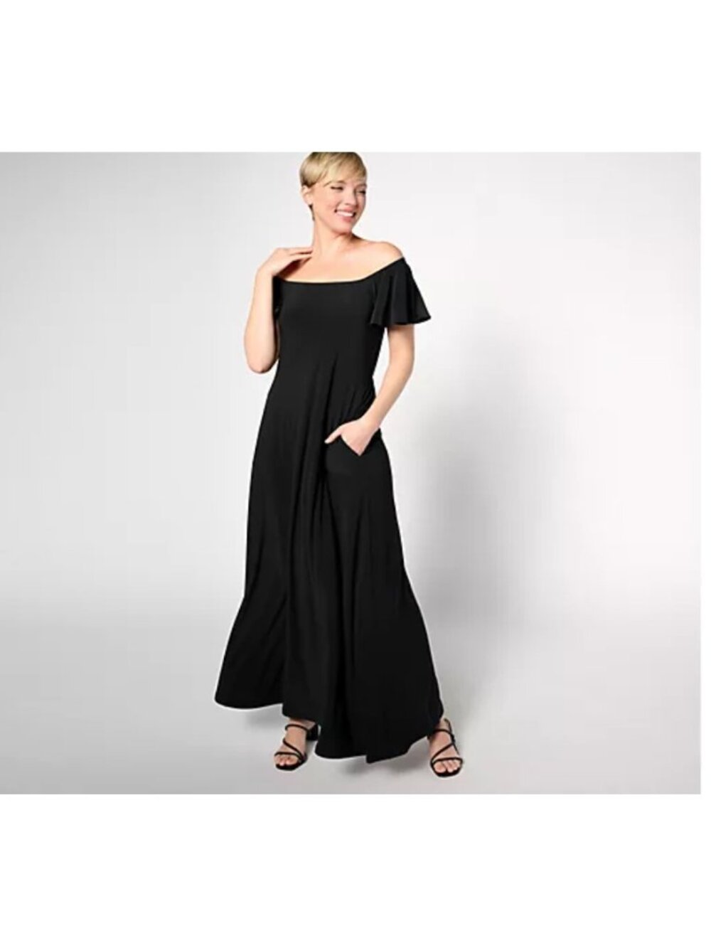 Attitudes by Renee Dress Como Jersey Flutter Sleeve Maxi Black A637009